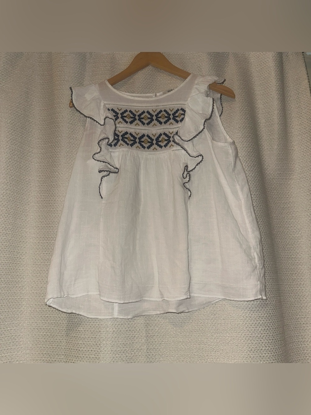 Madewell White Embroidered Sleeveless Top with Navy & Gold Accents